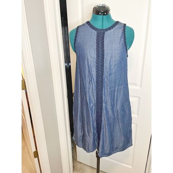 Max Jeans Sleeveless Chambray Tencil Denim Lightweight Shift Dress with Trim - Picture 3 of 13